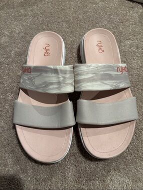 Ryka Two‑Strap Slide Sandals in Light Pink and Light Gray